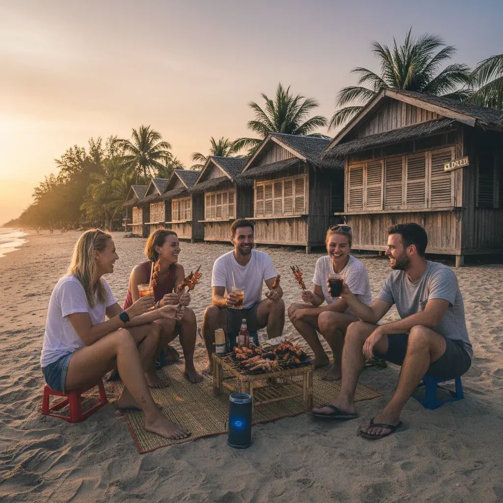 Tourists enjoying soft drinks and seafood on a Pattaya beach near closed bars during election alcohol ban