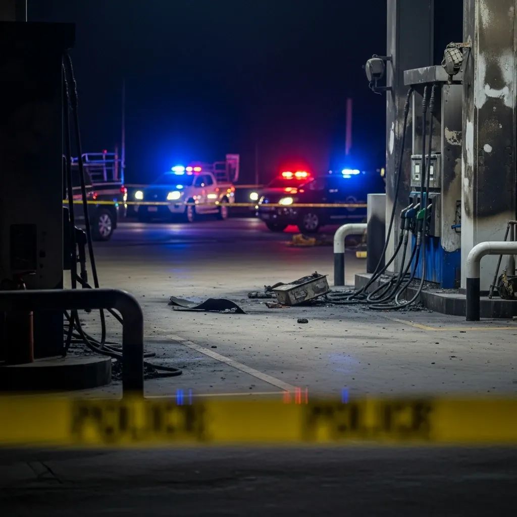 Burnt petrol station forecourt with charred fuel pumps and police tape at night