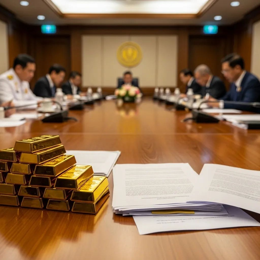 Interior of Thai caretaker Cabinet meeting room with gold bars and legal documents