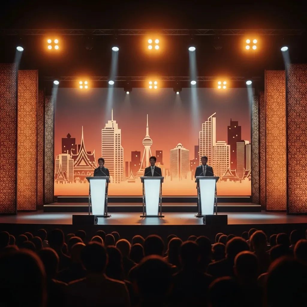 Three silhouette speakers stand at podiums on stage at a Bangkok theater event for Bhumjaithai party