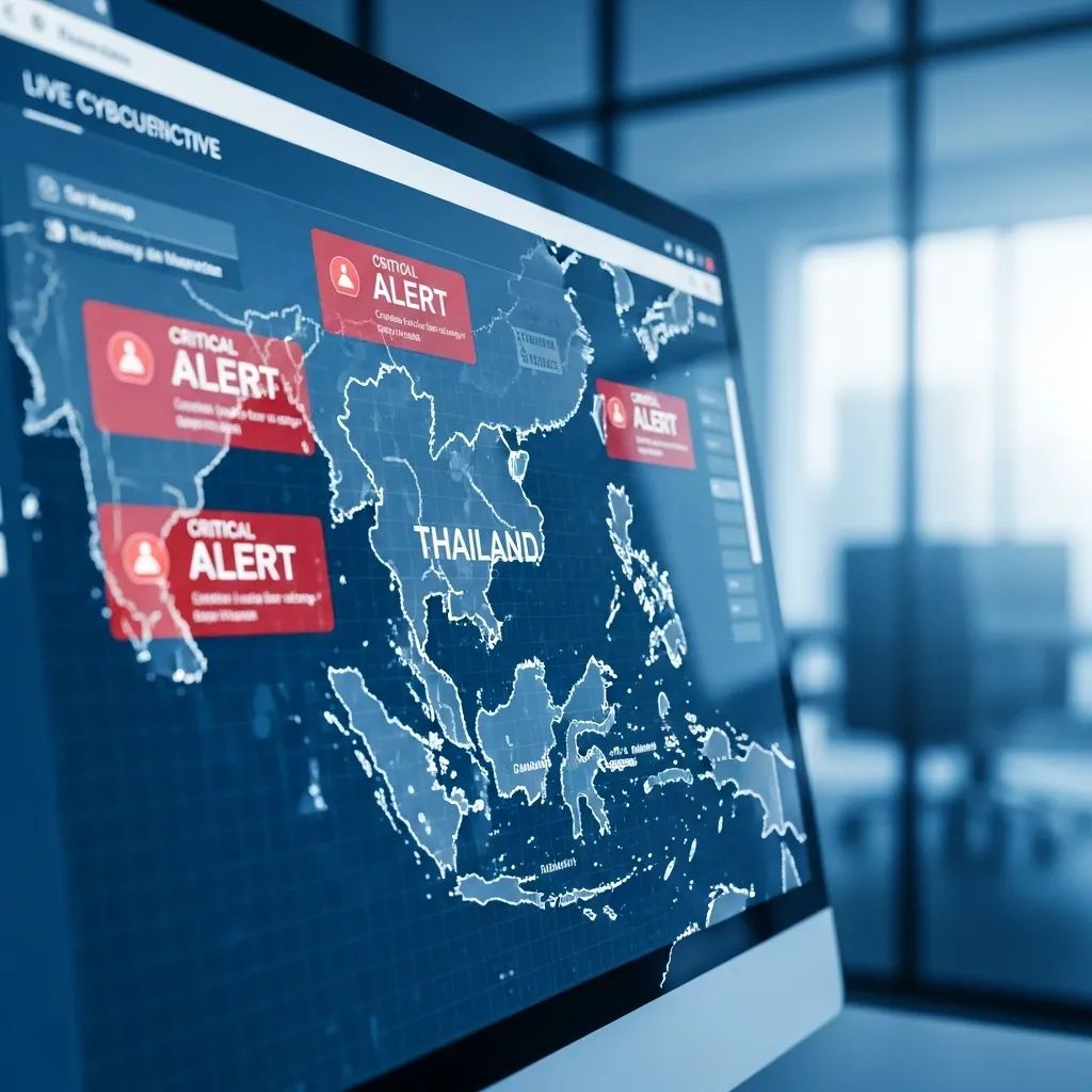Computer screen showing live cybersecurity dashboard with Southeast Asia map highlighting Thailand