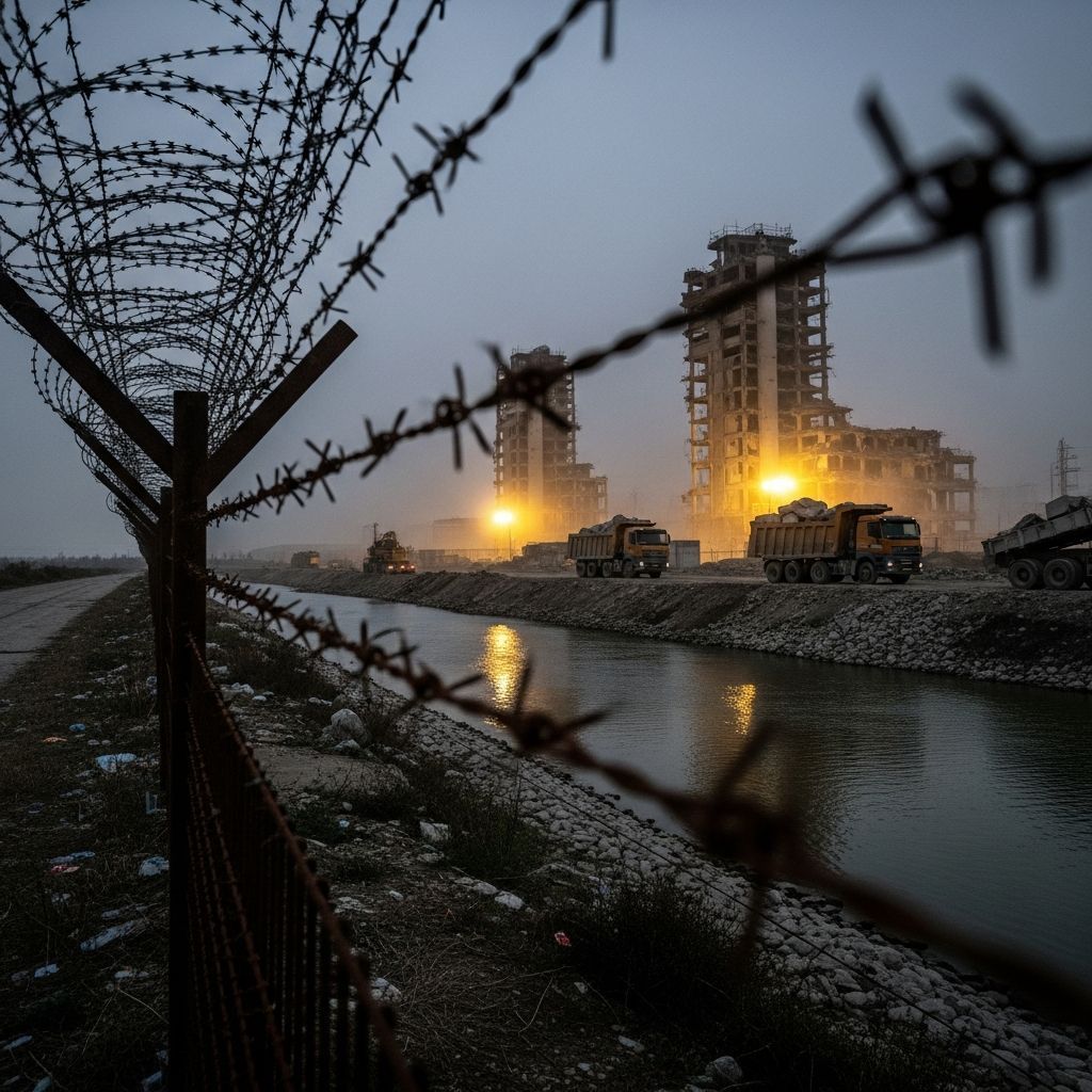 Dust rising from demolished scam complex across the Moei River at the Thai-Myanmar border