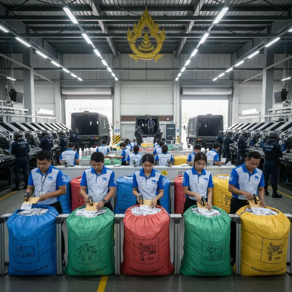 Postal workers and security officers sorting and loading Thai overseas election ballots