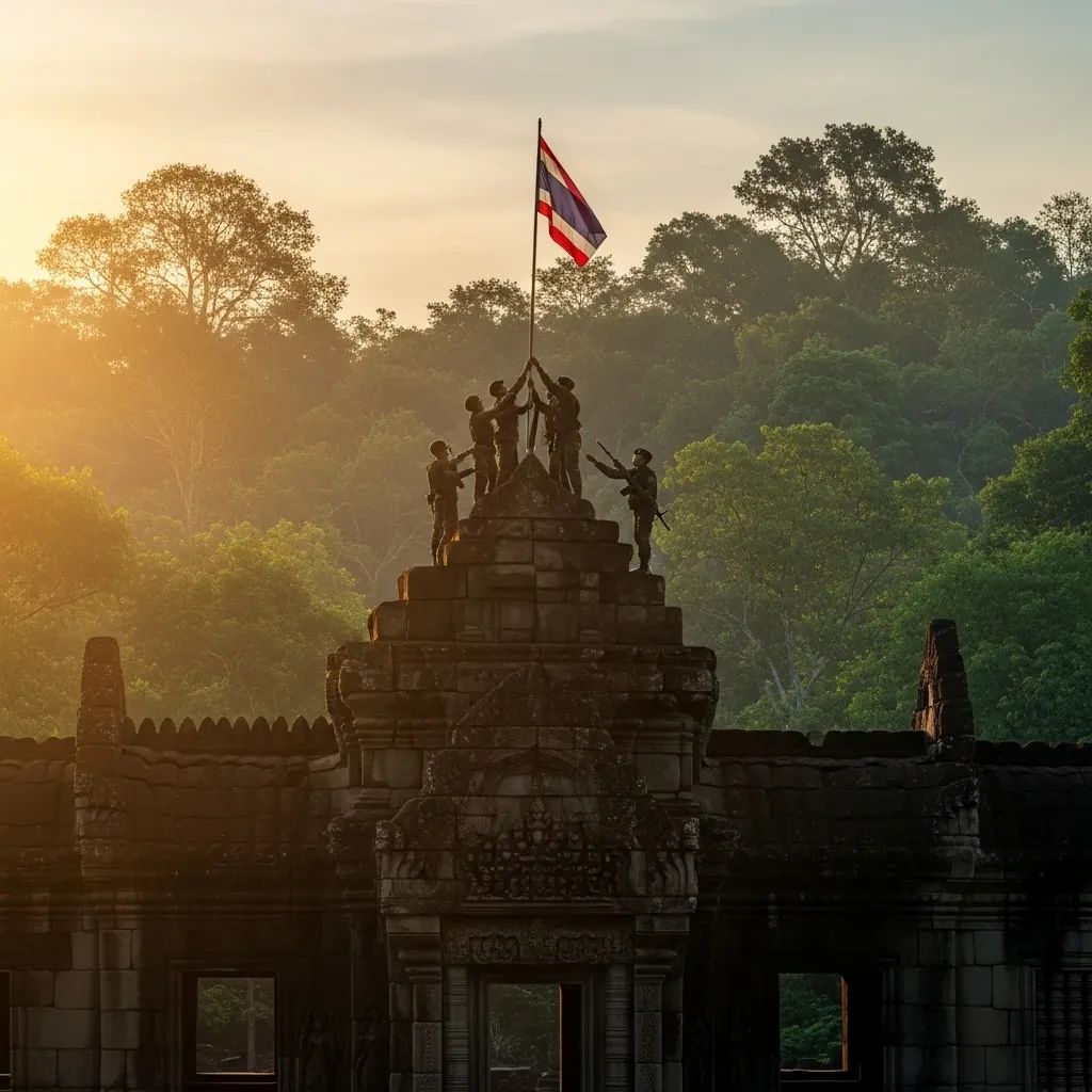 Ancient Khmer temple ruins at border with Thai flag flying over lintel and soldiers nearby