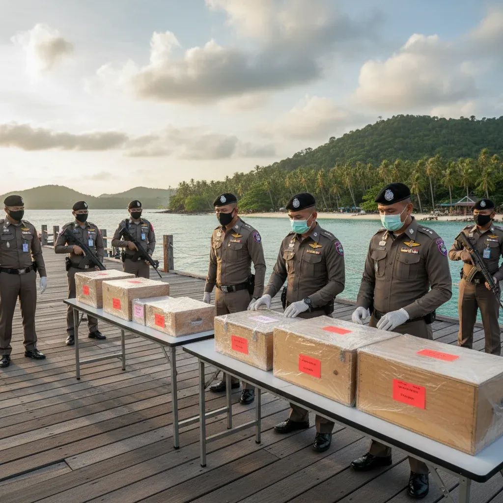 Thai police officers guard a Koh Phangan pier checkpoint with seized evidence crates after major drug bust