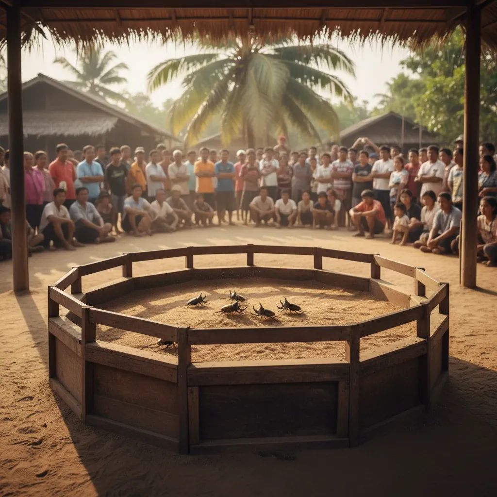 Spectators gathering at a traditional rhinoceros beetle fighting arena in rural northern Thailand
