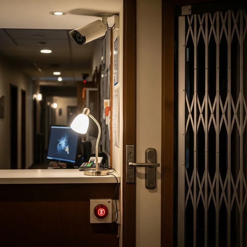 Empty hotel reception desk at night with secondary door lock, CCTV camera and panic button