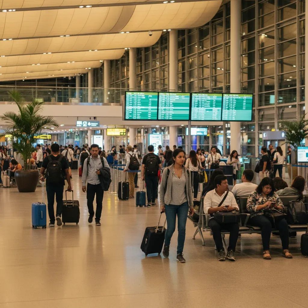 International airport terminal with travelers and departure board displaying flight information