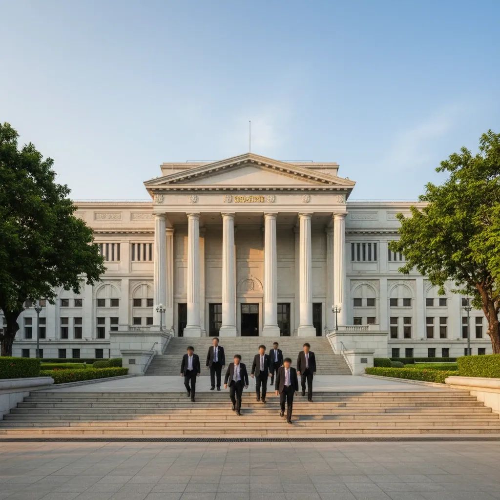 Exterior view of Thailand’s parliament building with politicians walking up steps