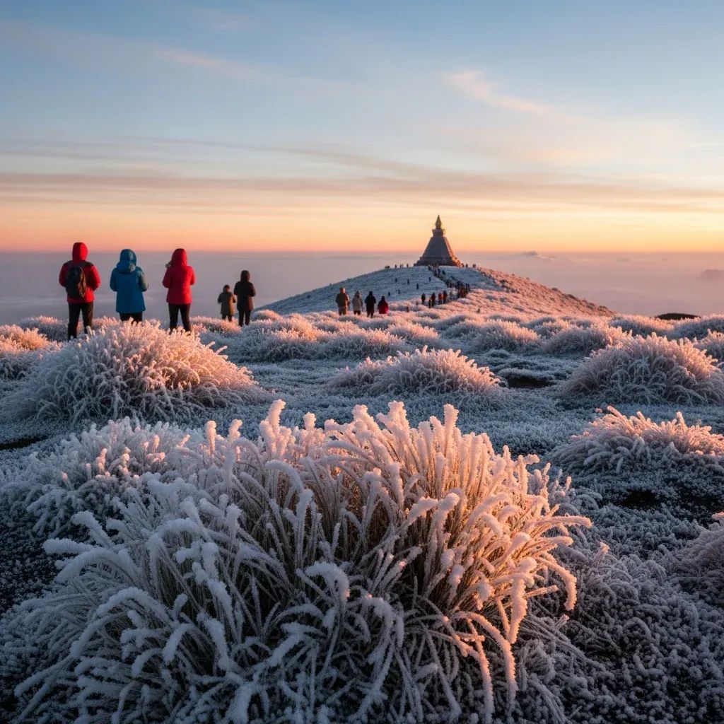 Sunrise over frost-covered grass at Doi Inthanon summit with distant visitors in winter jackets