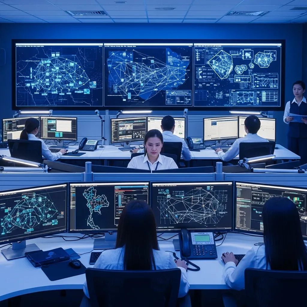 Security operations center with monitors displaying digital bank networks and Thailand map overlay