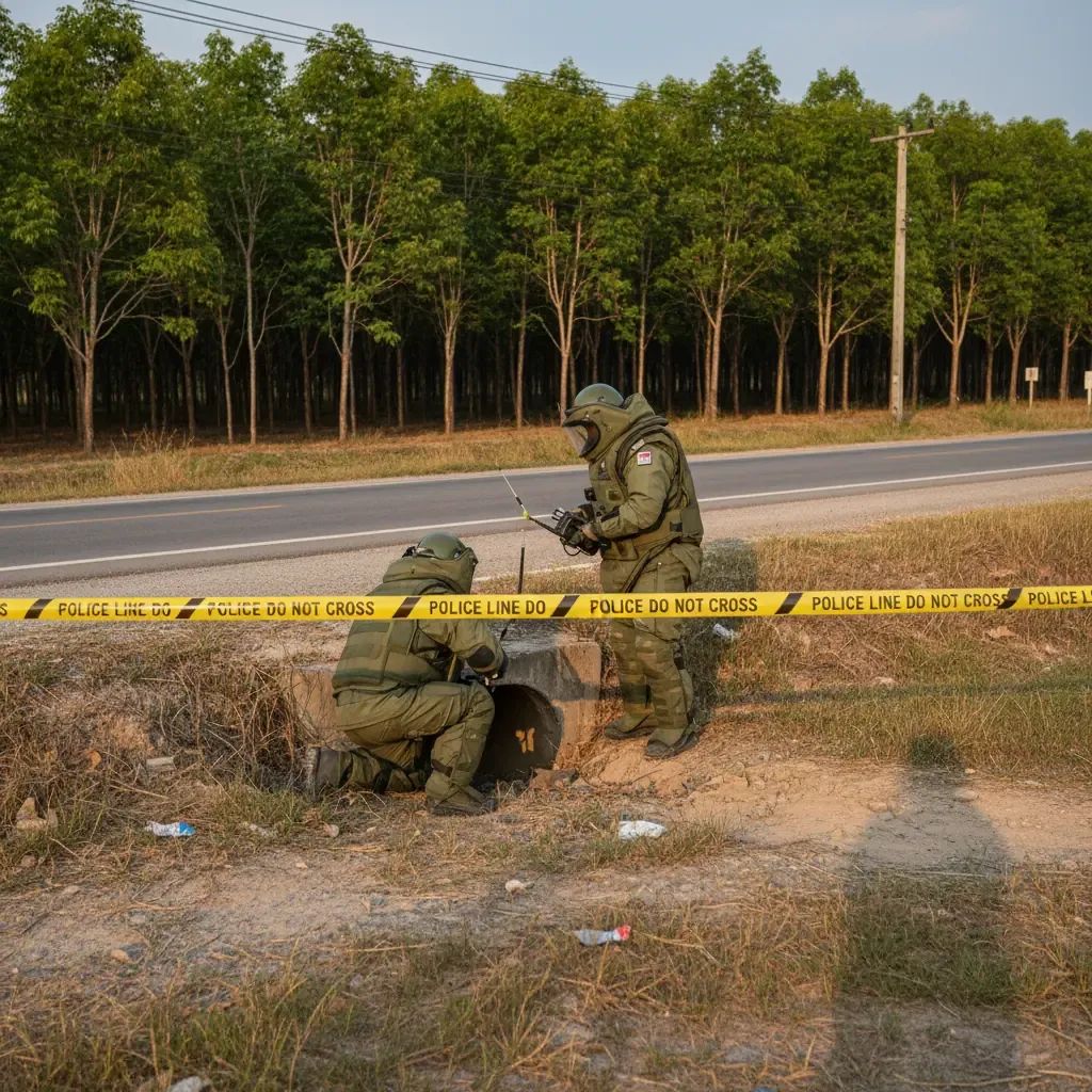 Bomb disposal officers inspect a roadside culvert in rural Narathiwat cordoned with police tape