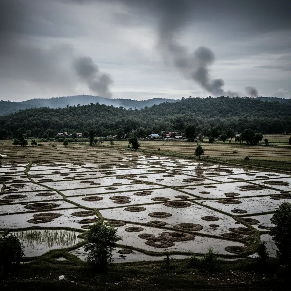 Pockmarked rice paddies with artillery craters near a rural Thailand-Cambodia border village