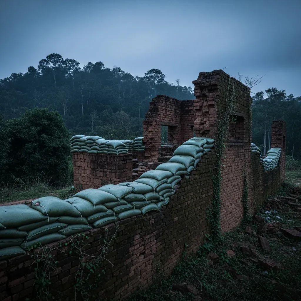 Border outpost at Prasat Khana with ruined laterite walls and military fortifications on a jungle ridge