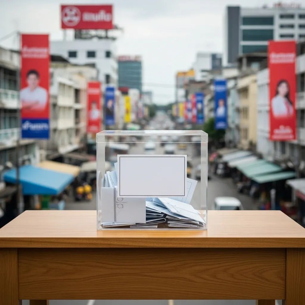 Ballot box with colorful campaign banners and Thai cityscape blurred in the background