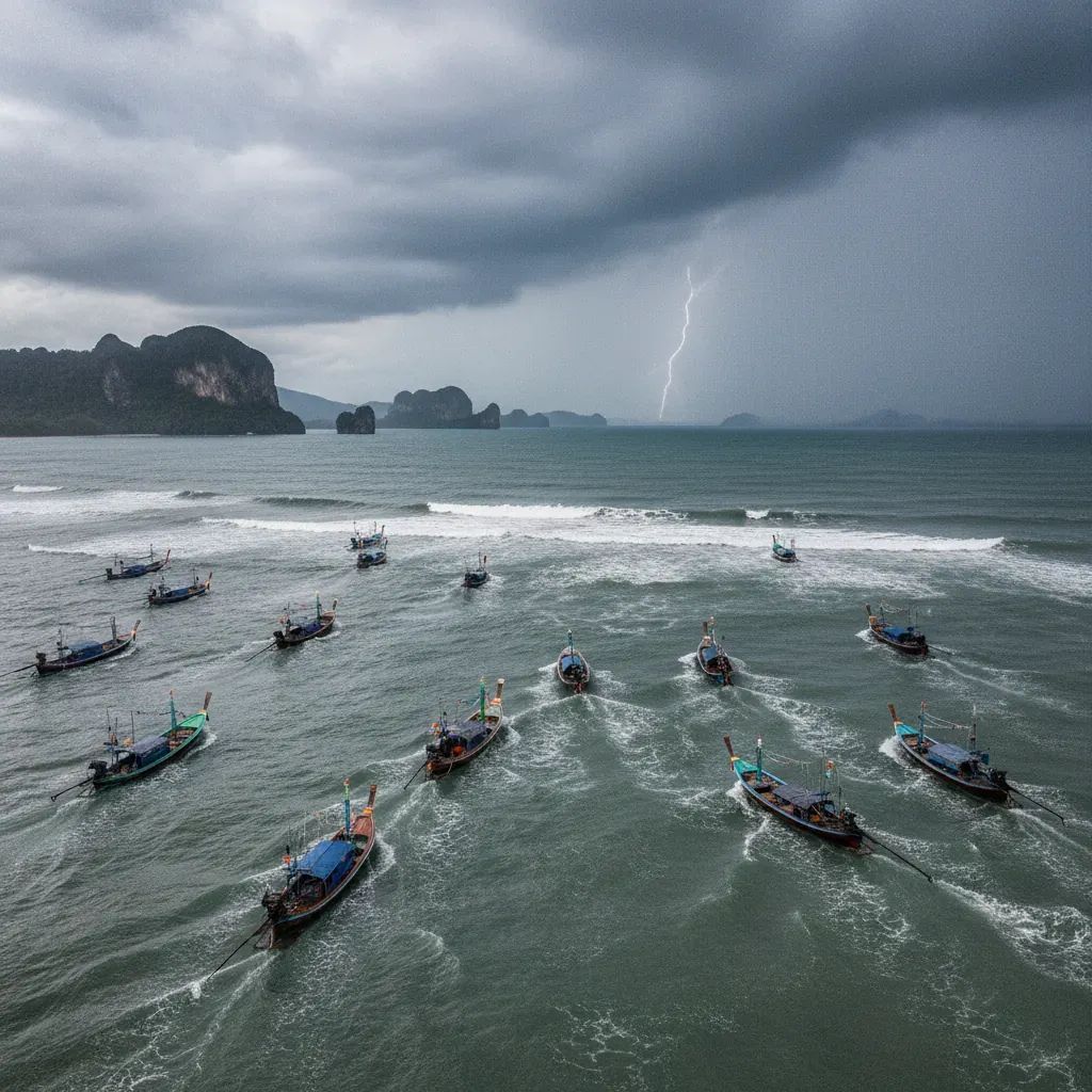 Overcrowded fishing boats navigating rough seas during monsoon season in the Andaman Sea near Thailand