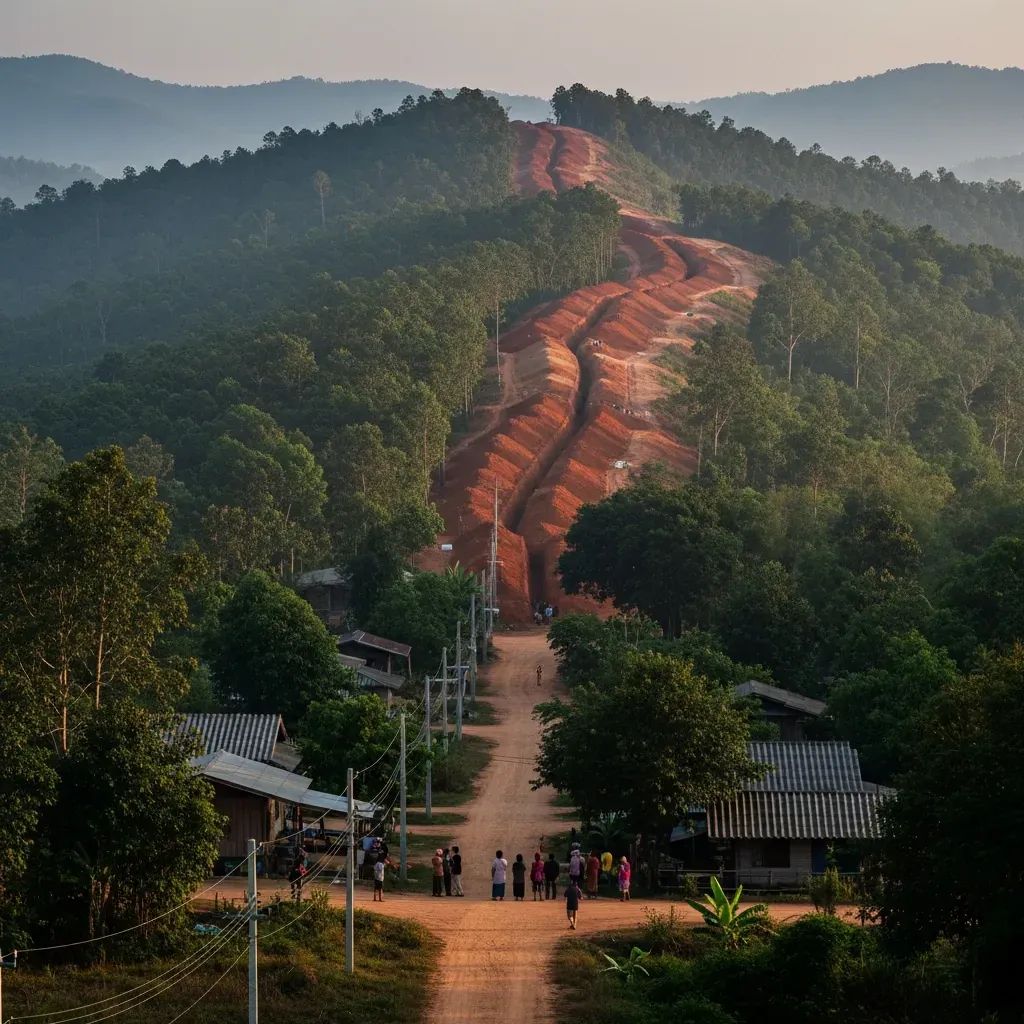Zig-zag earth trenches on the Cambodian side of the forested Trat border observed from a Thai village