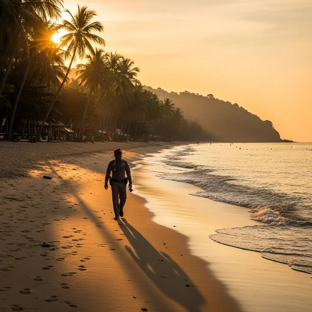 Tourist Police officer walking on Koh Phangan beach at sunrise