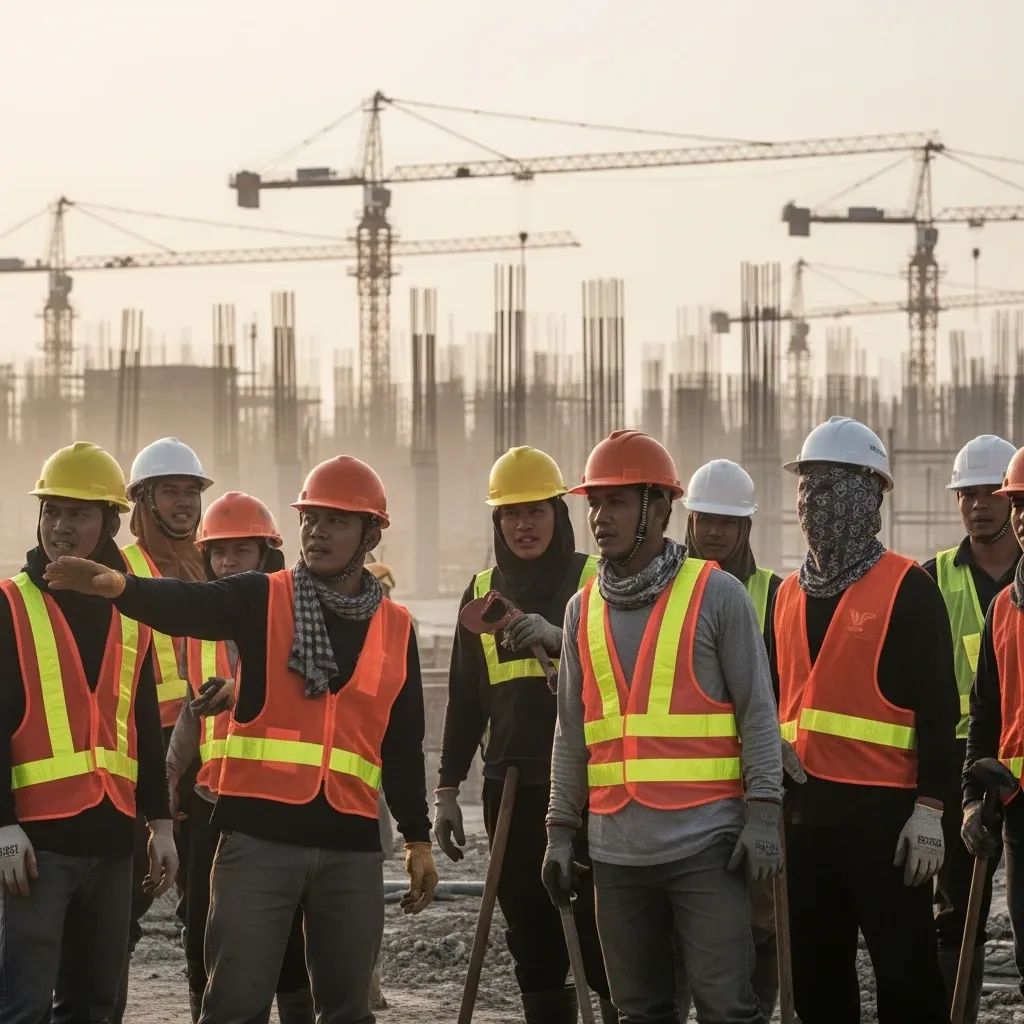 Migrant construction workers at a Thai building site wearing helmets and reflective vests under cranes