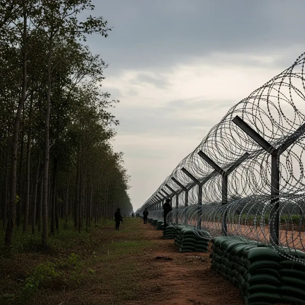 Tree-lined Thailand–Cambodia border with razor-wire fences and sandbag fortifications