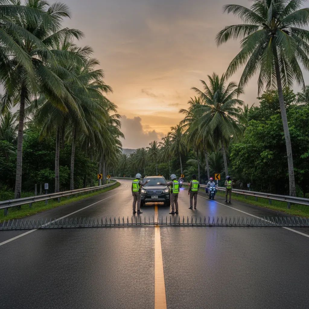 Police checkpoint on Koh Samui ring road with spike strips blocking an SUV and motorbike officers