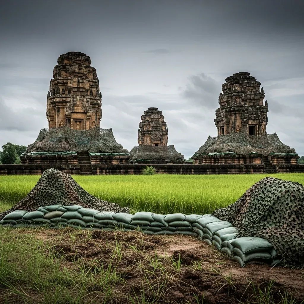 Prasat Ta Kwai Khmer temple in Surin with sandbags and camouflage netting
