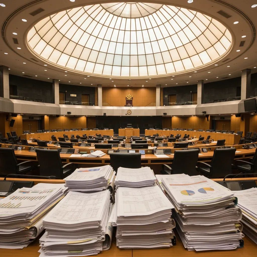 Thai parliament chamber with financial documents representing pension fund debate