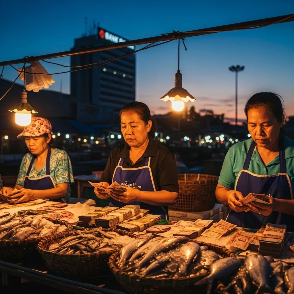 Vendors counting cash at Mahachai fish market with a bank silhouette in the background