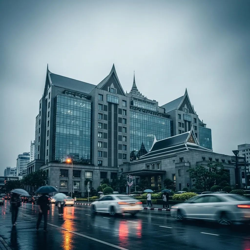 Exterior view of a government office building in Bangkok under cloudy sky