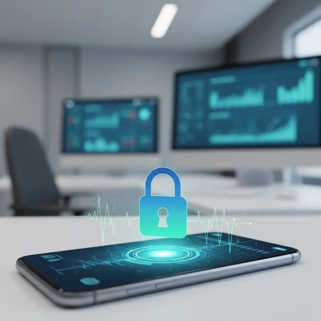 Smartphone displaying mobile banking app security features with lock protection icon