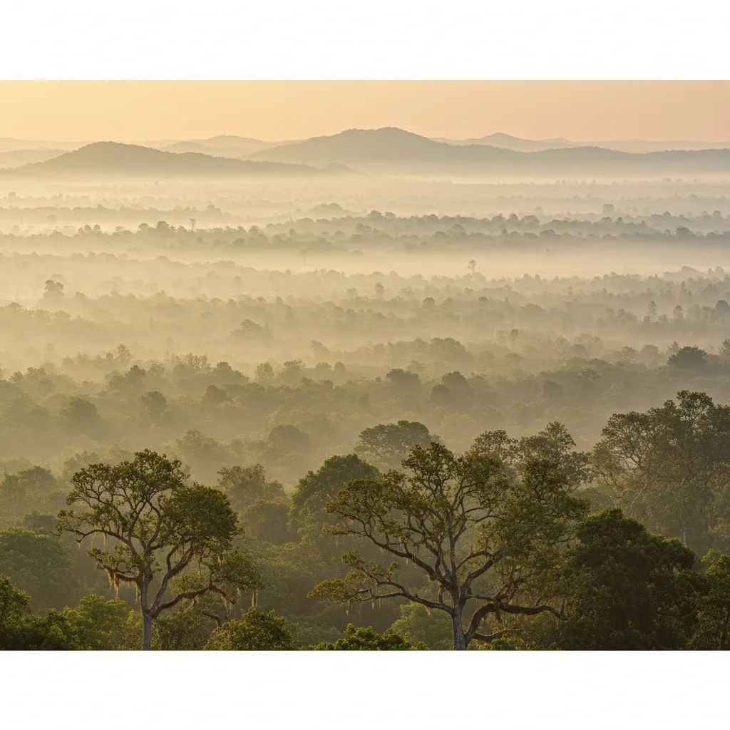 Smoke-filled landscape across Thailand-Cambodia border with hazy visibility