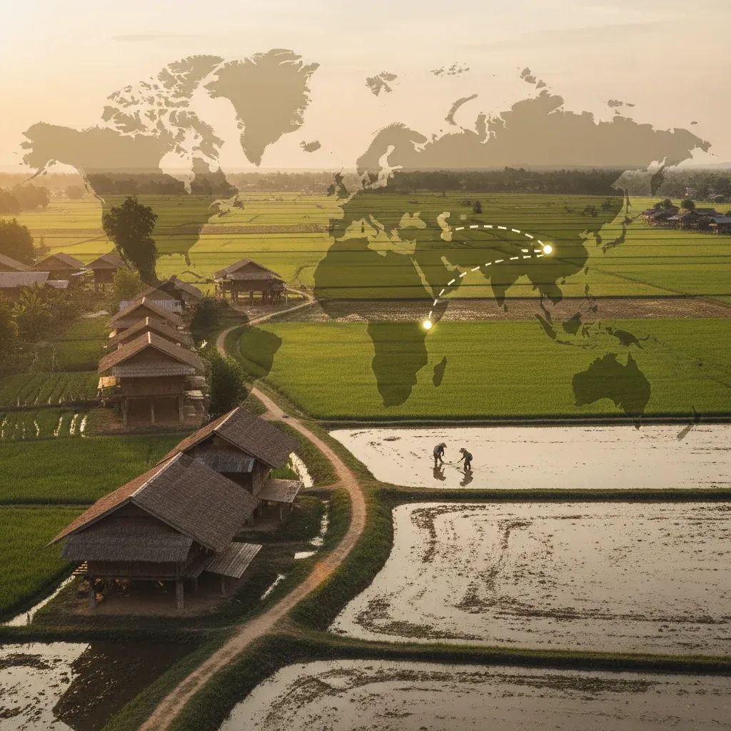 Rural Thai village with rice fields and traditional houses representing economic conditions driving cross-border marriages