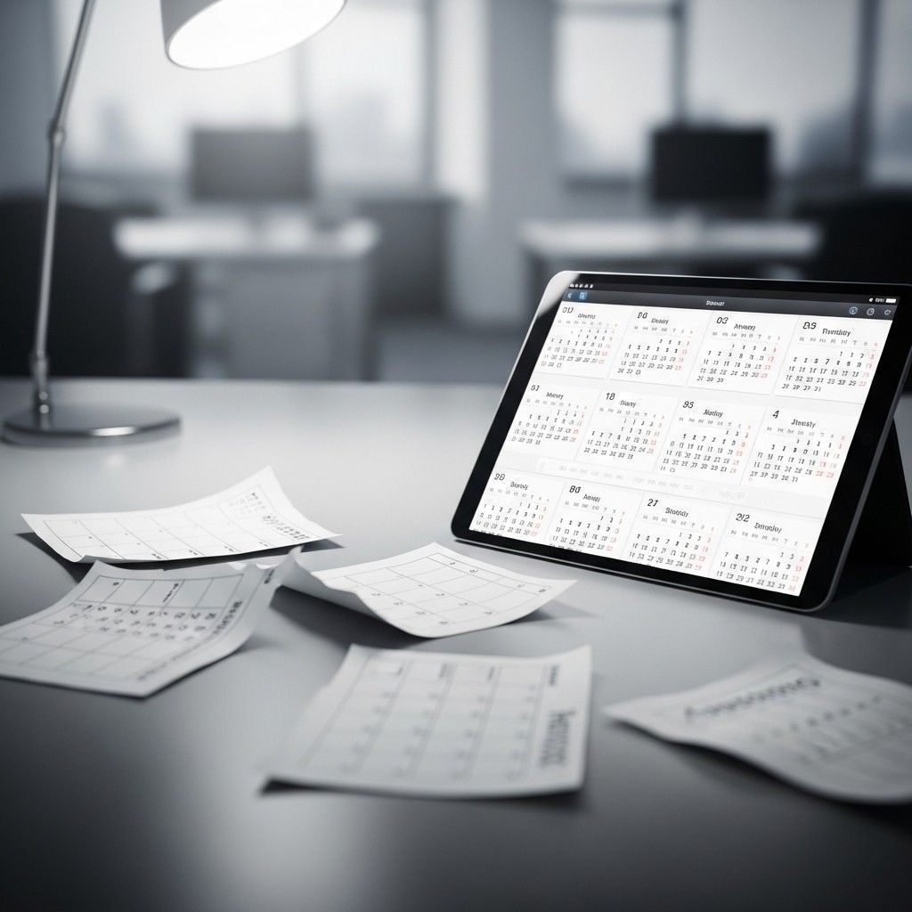 Digital tablet on office desk with calendar interface and scattered torn calendar pages