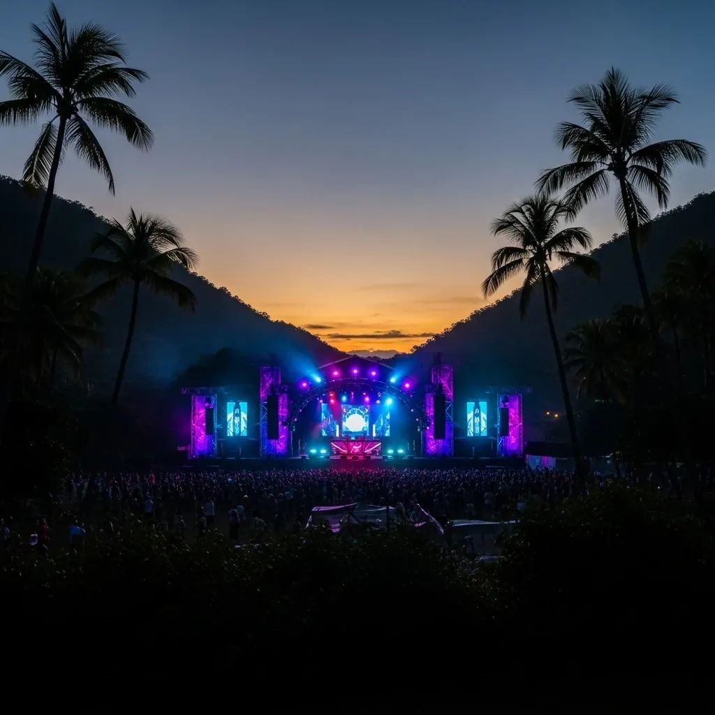 Illuminated outdoor electronic music stage in a tropical valley at dusk with crowd silhouettes