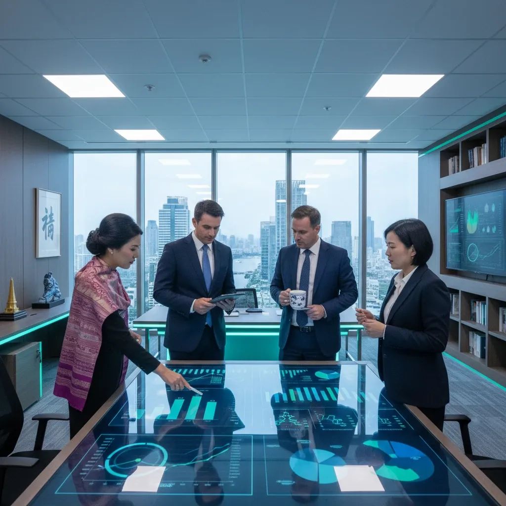 Business professionals analyzing economic data with Bangkok cityscape background, representing Thailand-China trade relations and economic impact