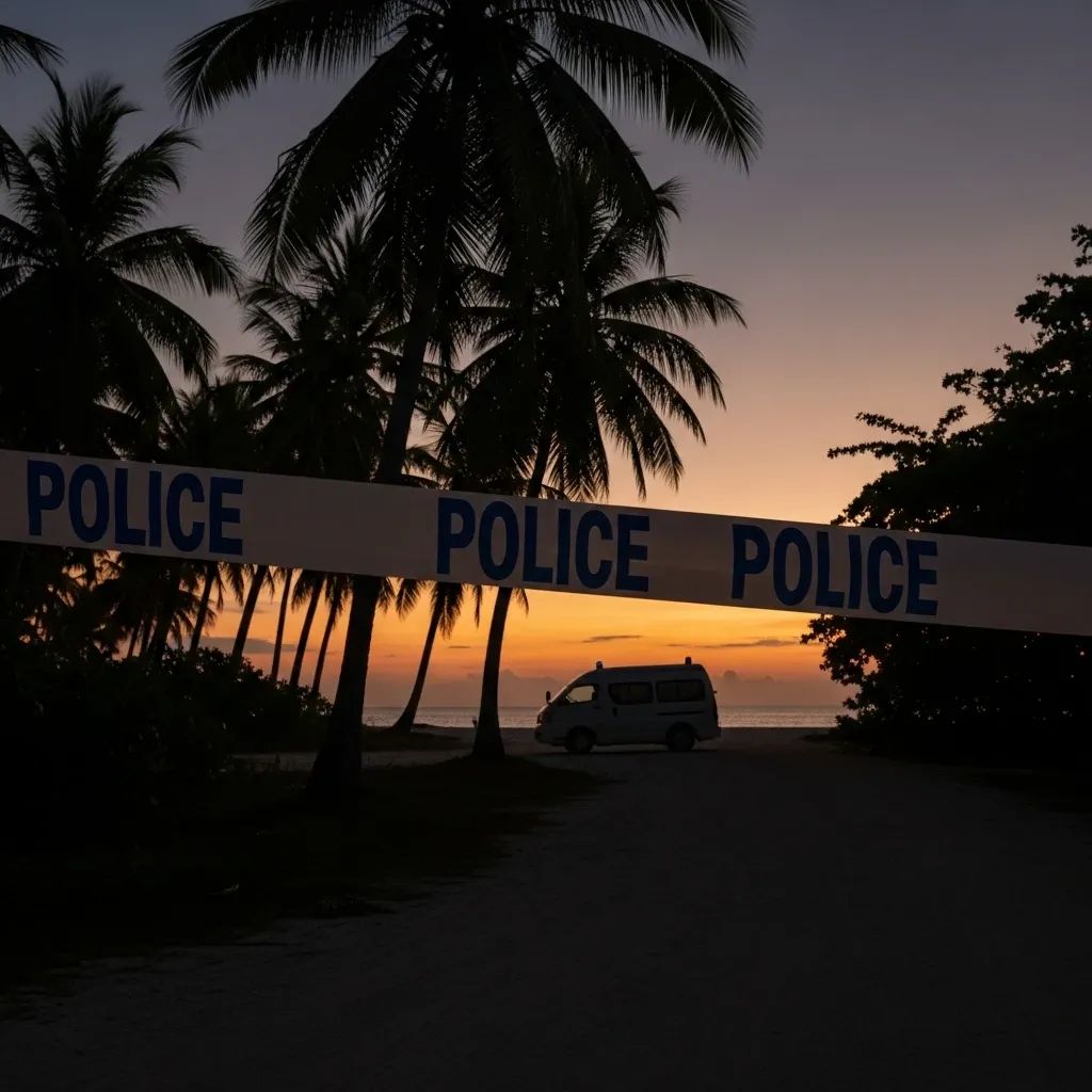 Police tape and white van on a jungle road at Koh Chang beach scene at dusk