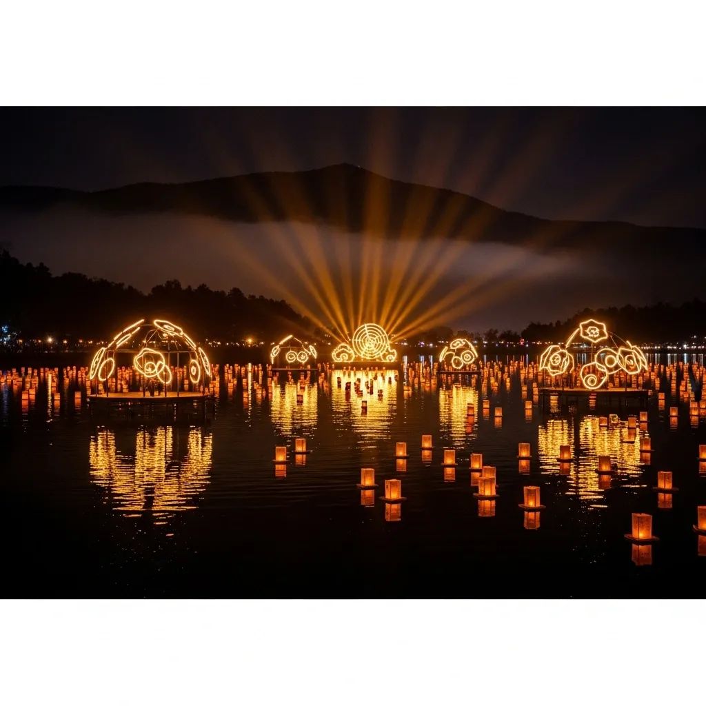 Nighttime view of Kwan Phayao lake illuminated by New Year light installations and floating lanterns