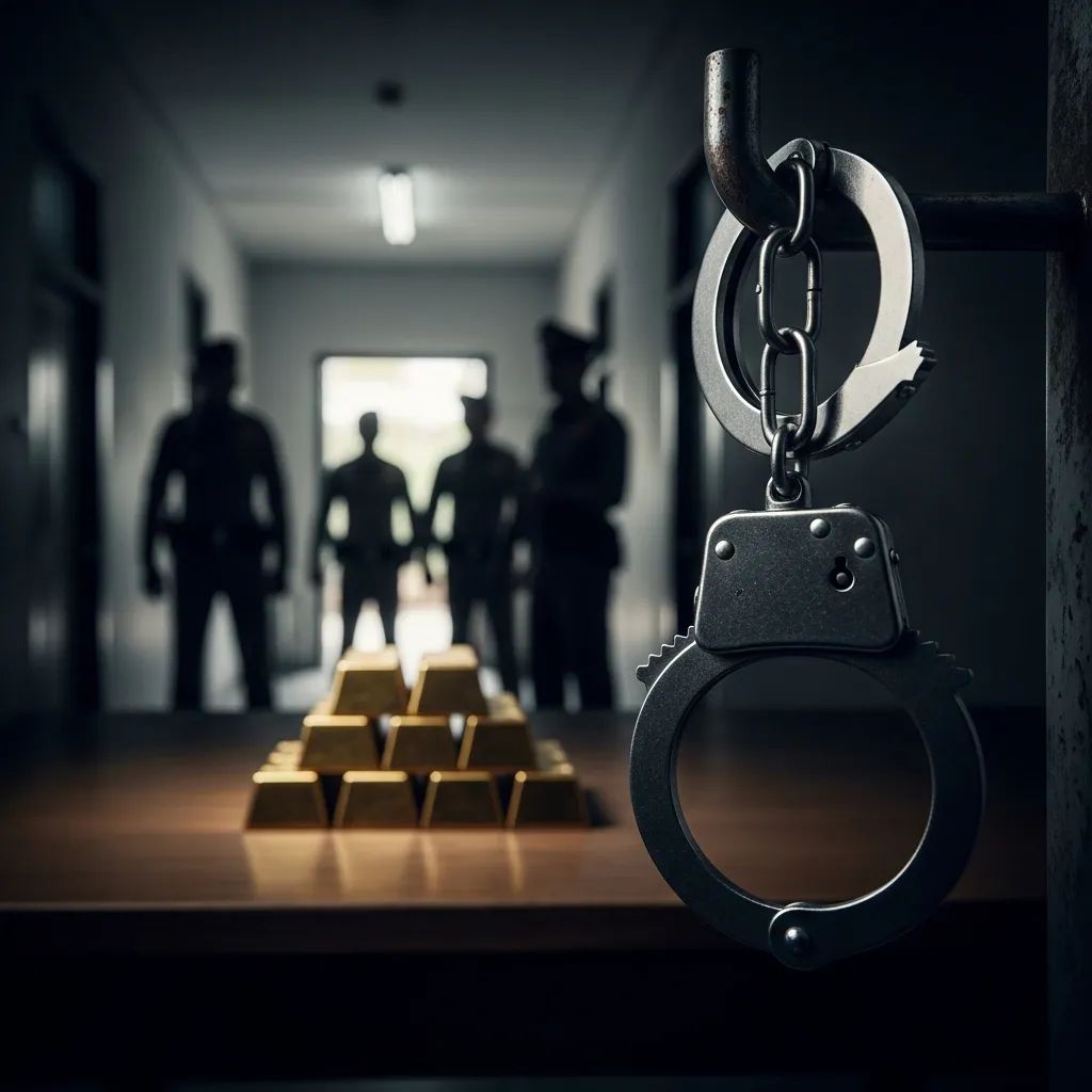 Dimly lit Bangkok police station corridor with handcuffs and blurred gold bars on a table