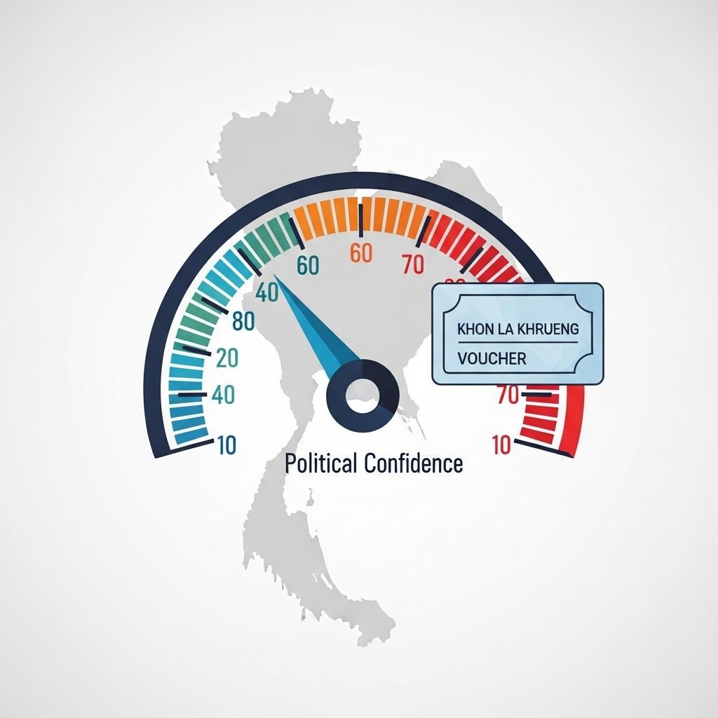 Infographic of a declining Thailand political confidence meter with a voucher card icon