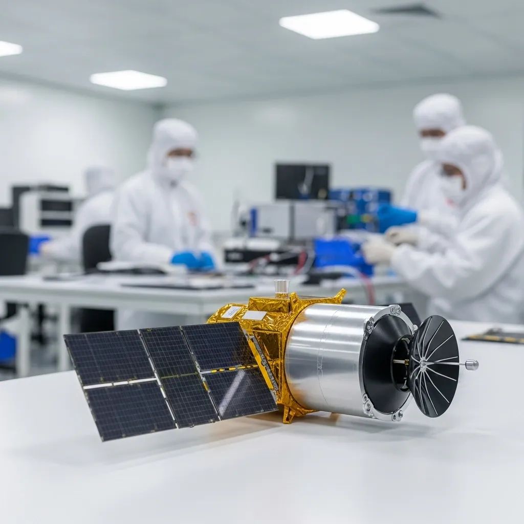 Satellite mock-up on assembly table in a Thai aerospace workshop with engineers working