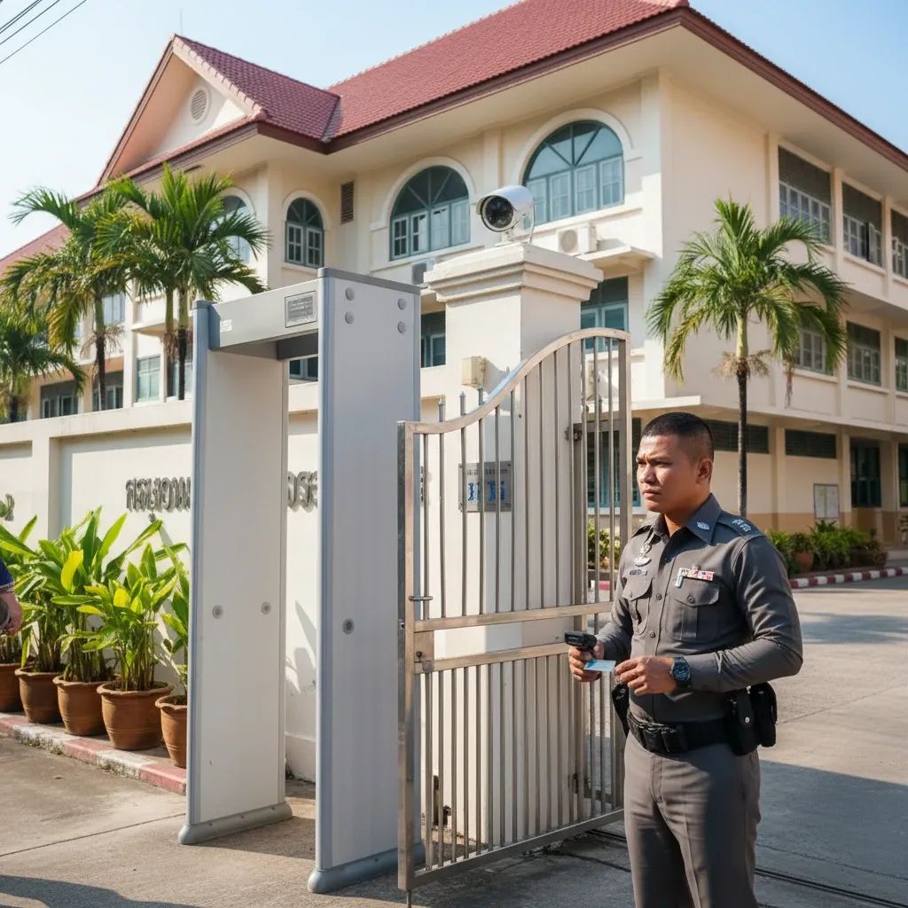 Thai school gate with guard verifying visitor ID, depicting new nationwide security checks
