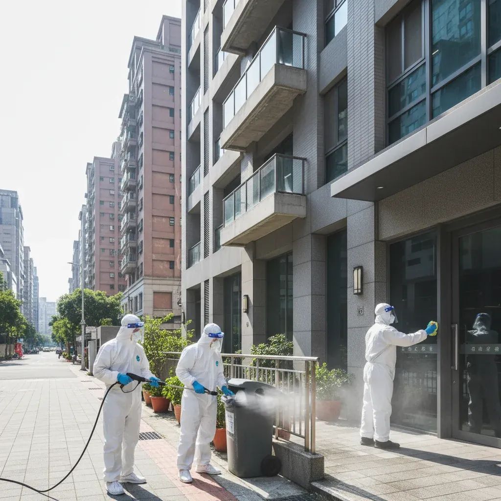 Sanitation workers conducting rodent control and disinfection in Taipei residential area