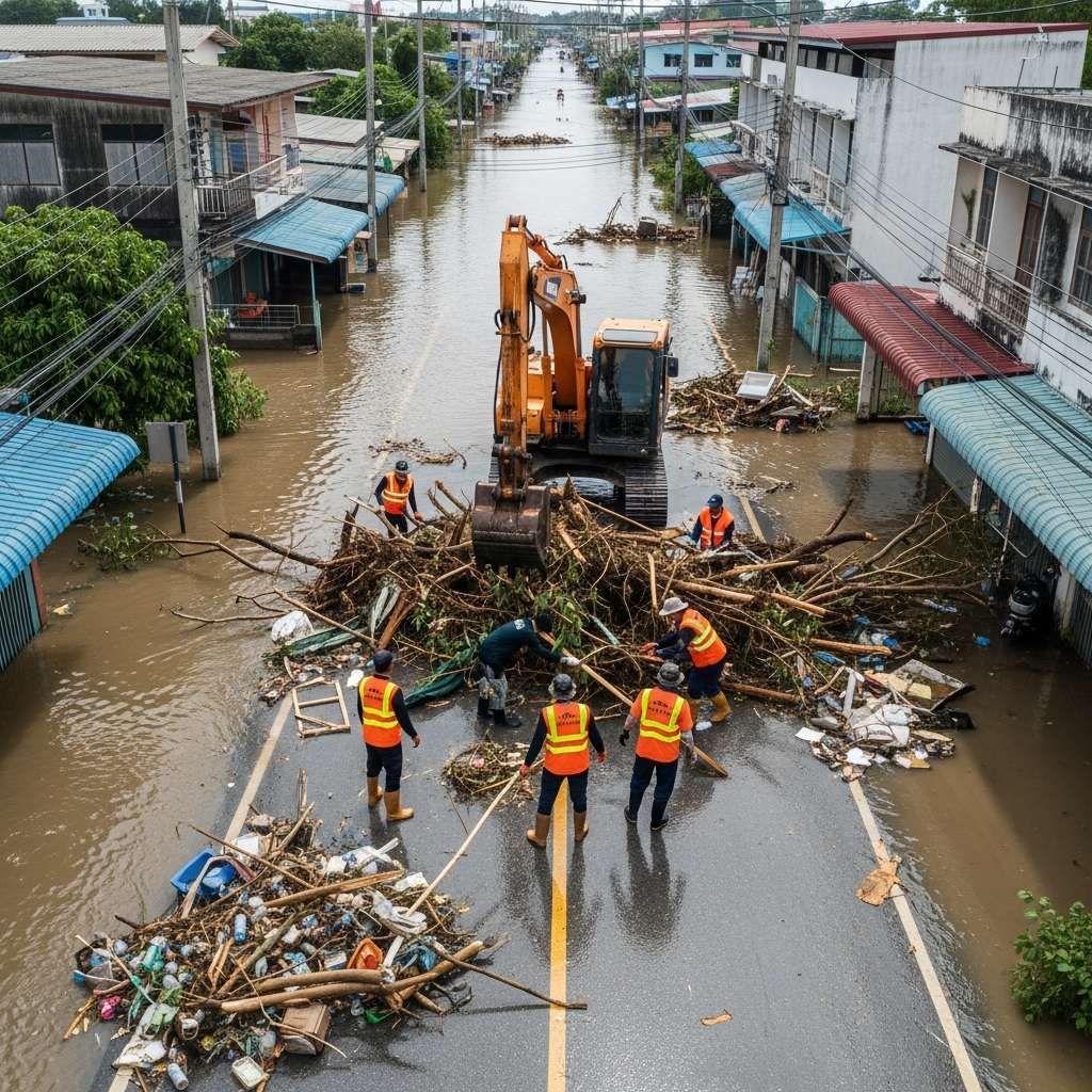 Aerial view of machinery and workers clearing debris on a flood-damaged street in southern Thailand