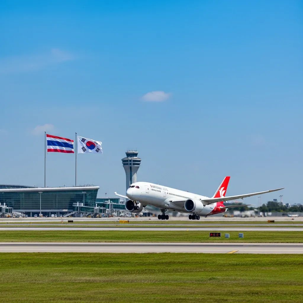 Thai AirAsia aircraft departing from Bangkok Don Mueang Airport with Korea in view