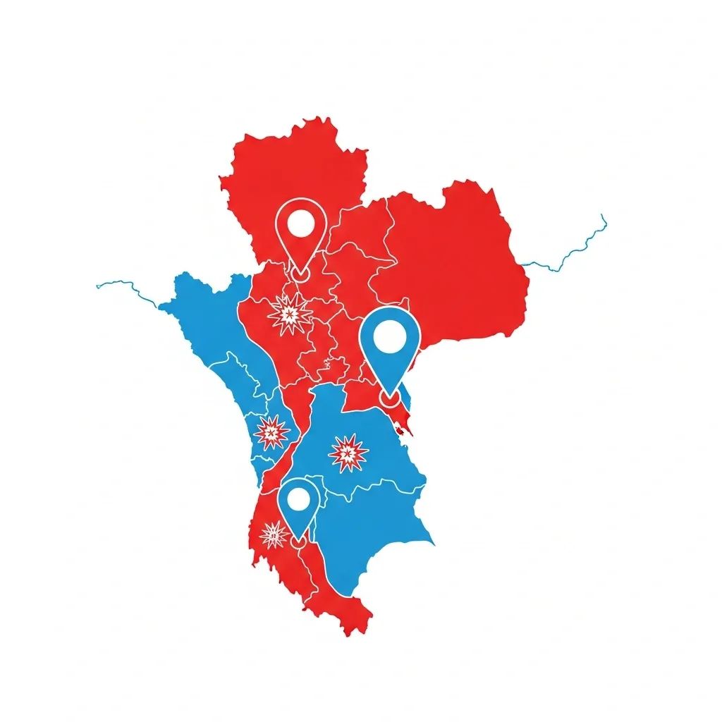 Infographic map showing conflict hotspots and displacement areas along the Thailand-Cambodia border