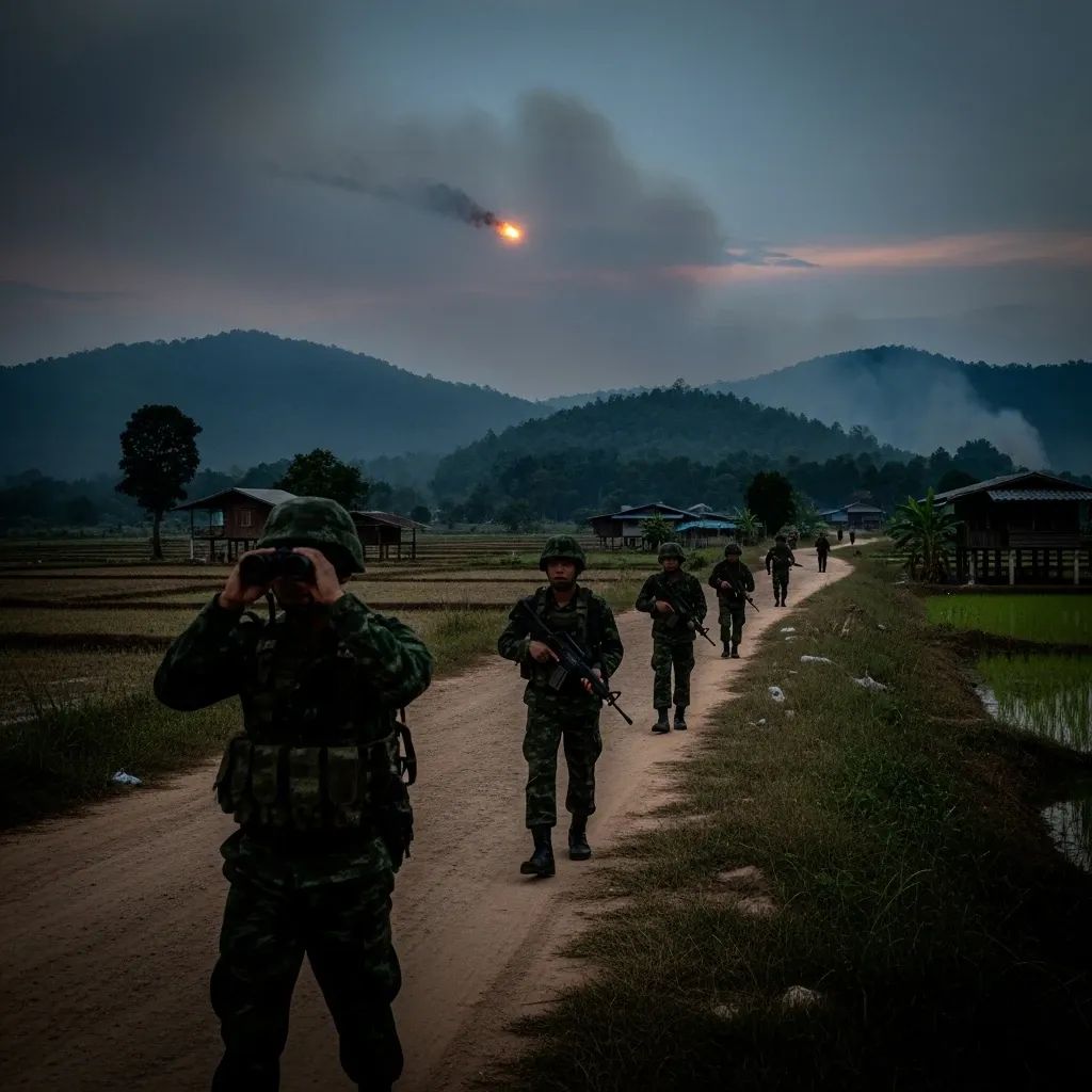 Thai soldiers patrol a rural border road at dusk with smoke and distant artillery flare