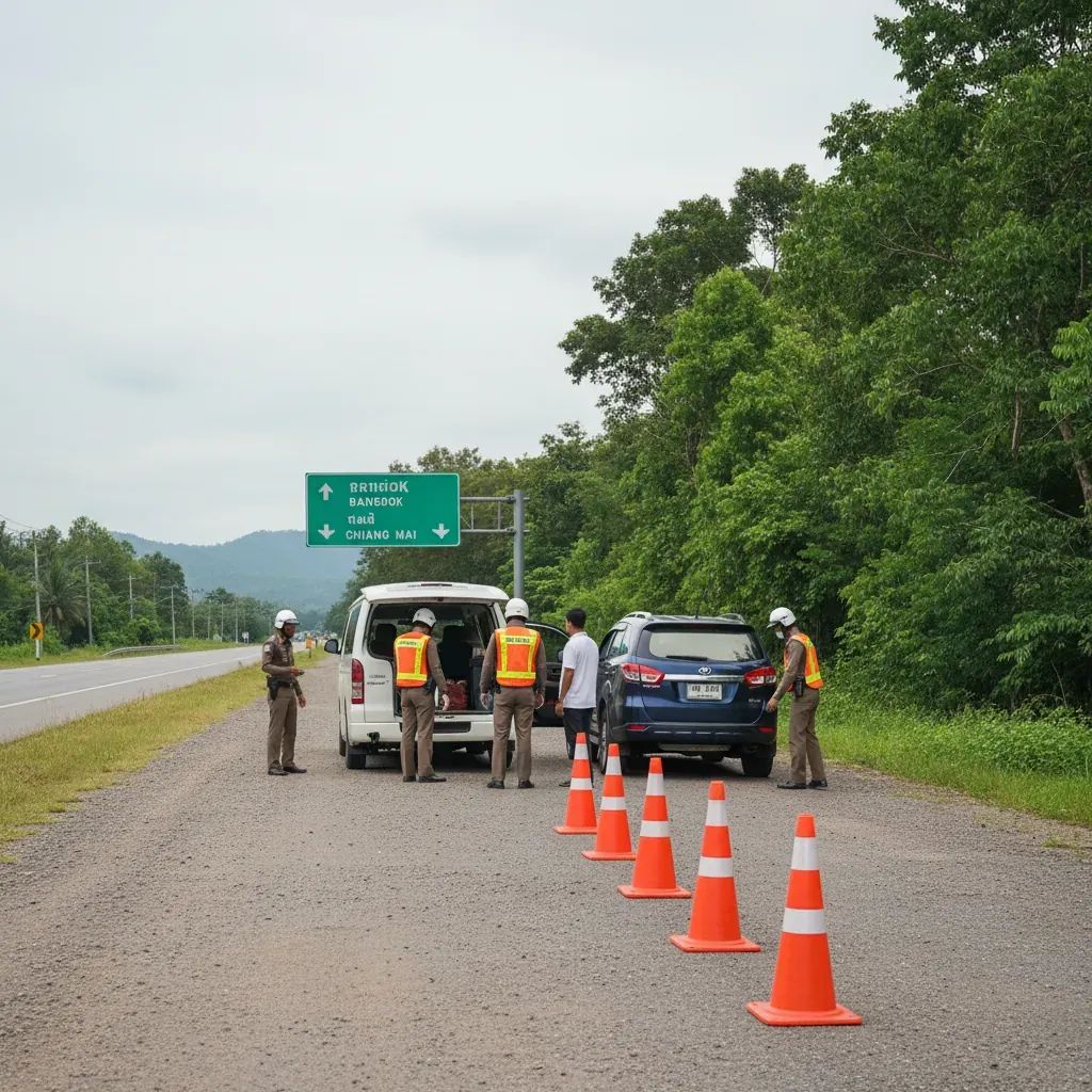 Thai highway police officers inspecting a stopped van on a rural highway shoulder during a roadside checkpoint