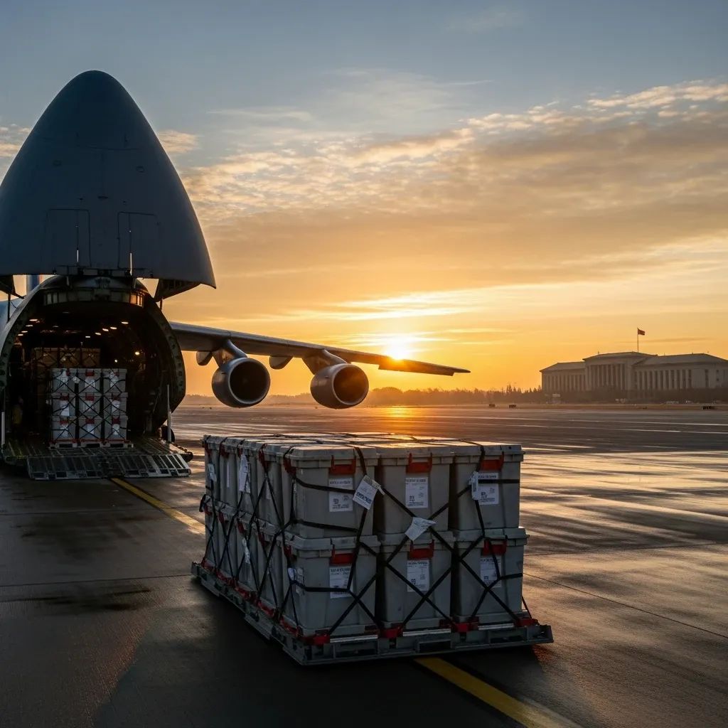 Cargo plane on tarmac loaded with sealed ballot containers for Thai overseas voting