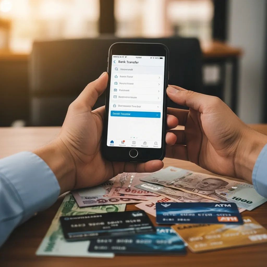 Hands holding smartphone with bank transfer screen and Thai baht notes on desk