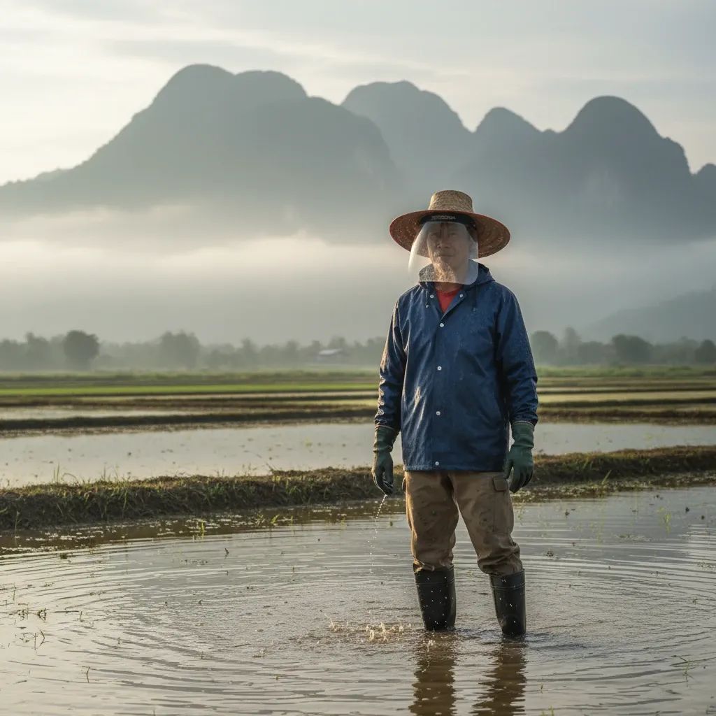 Thai farmer wearing protective equipment in monsoon-flooded rice paddy field with northern Thailand landscape